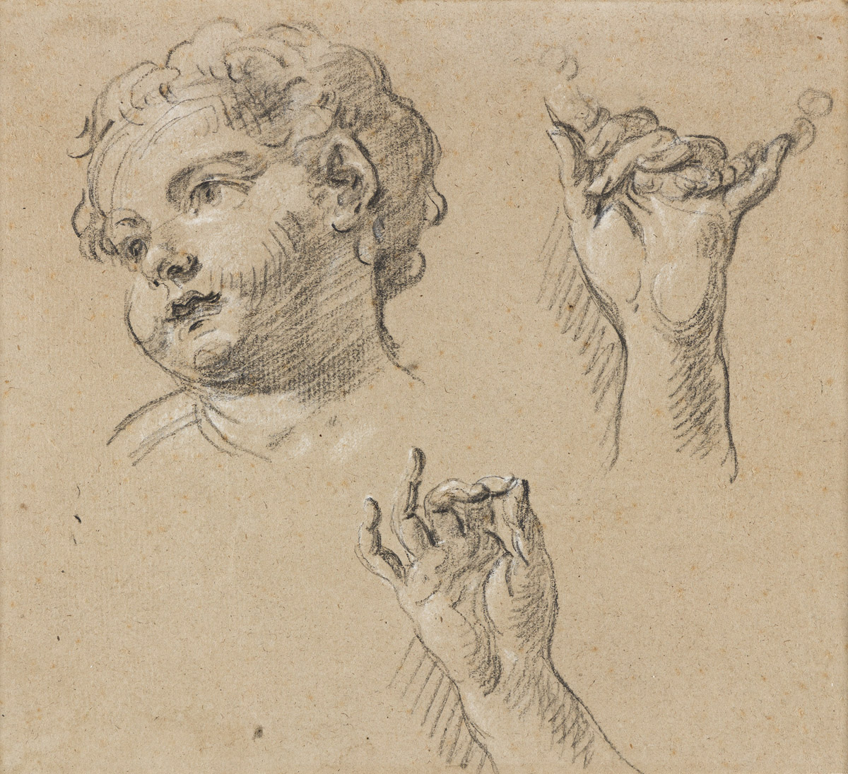 CHARLES PARROCEL (Paris 1688-1752 Paris) Sheet of Studies with a the Head of a Child and Two Hands.